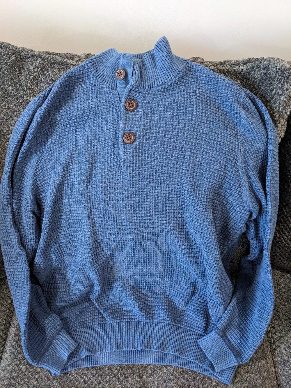 Vintage G.H. Bass & Co. 💯% Cotton Blue Waffle Pullover Mock Neck Button Sweater